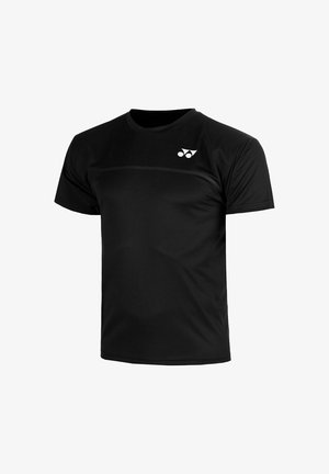 Schwarzes kurzärmeliges Sport-T-Shirt mit Rundhalsausschnitt und kleinem weißem Logo auf der oberen linken Brustseite.