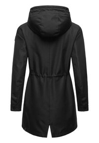 Veste imperméable noire avec capuche, taille cintrée et manches longues. Dotée d'une ventilation dans le dos et de poignets à boutons pour un design épuré.