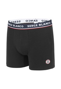 Boxer-briefs noirs en matière douce, avec une ceinture blanche et marine affichant le texte "SERGE BLANCO" et un accent de logo rond.