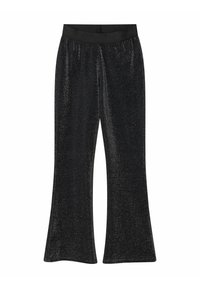 Sorte flagrende bukser med en strækbar talje, lavet af et glitrende, struktureret stof. Har en glat overflade og vid benudskæring.