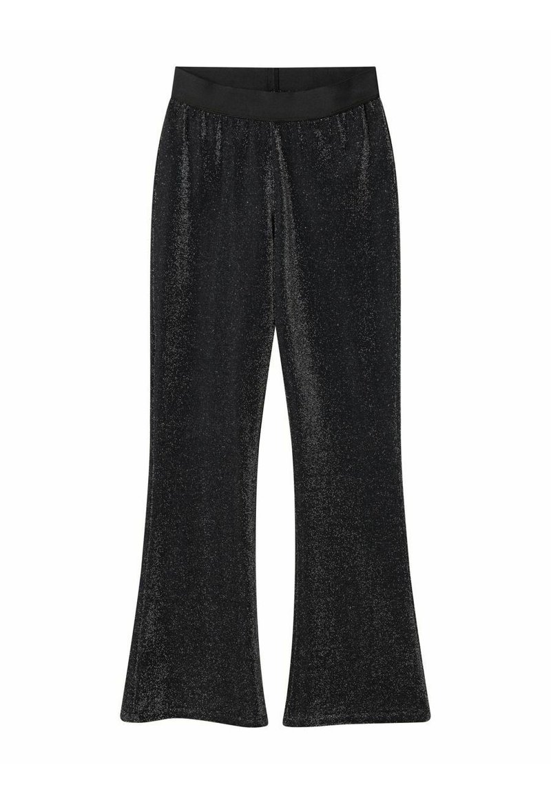 Sorte flagrende bukser med en strækbar talje, lavet af et glitrende, struktureret stof. Har en glat overflade og vid benudskæring.