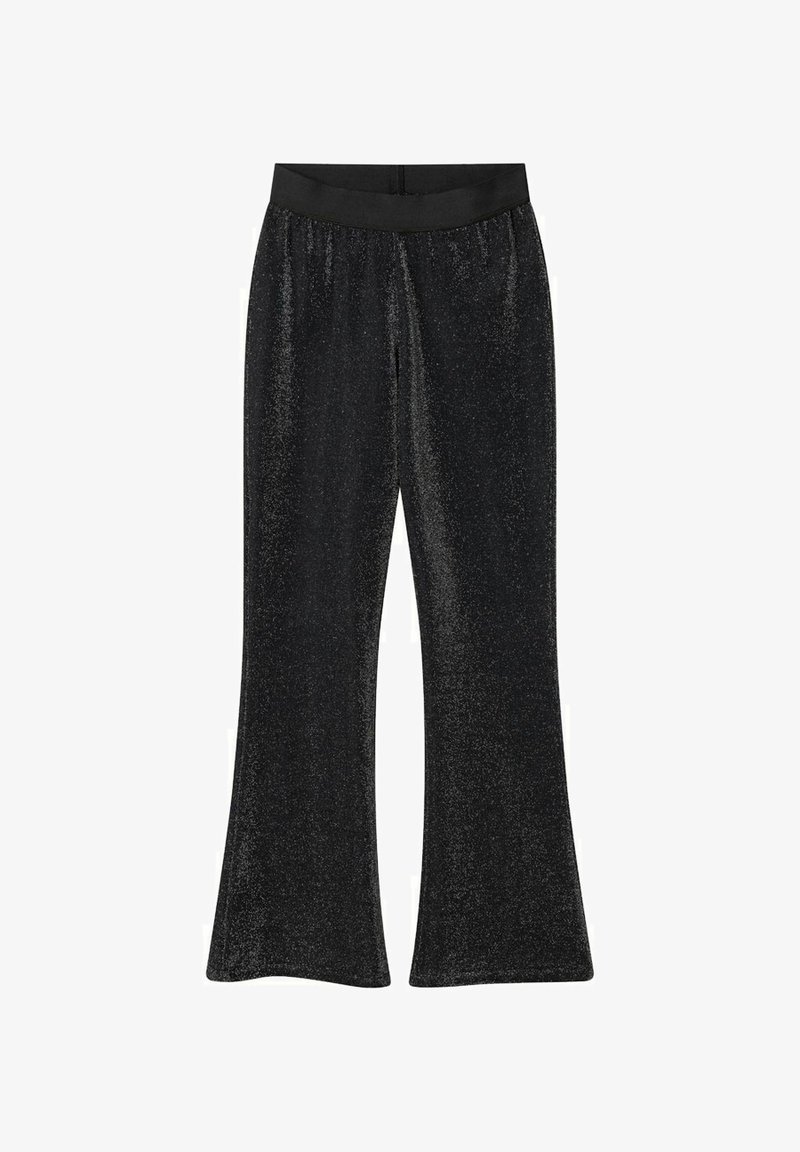 Sorte flagrende bukser med en strækbar talje, lavet af et glitrende, struktureret stof. Har en glat overflade og vid benudskæring.