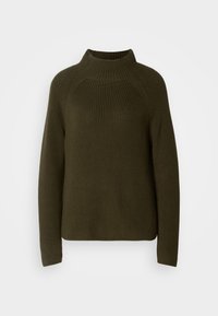 Pull en maille vert olive foncé avec manches longues et col rond haut, présenté sur fond blanc.