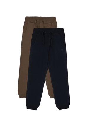 Due paia di pantaloni da jogging per bambini, uno nero e uno marrone, entrambi con fascia elastica in vita e coulisse.