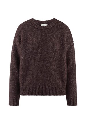 Maglione lavorato a maglia marrone scuro con scollatura rotonda, polsini e orlo a coste. Texture morbida con una vestibilità rilassata. Accentuato da un leggero motivo mélange.