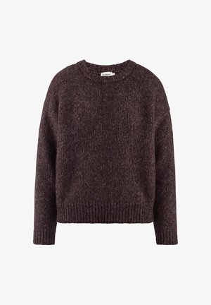 Dunkelbrauner gestrickter Pullover mit rundem Ausschnitt, gerippten Bündchen und Saum. Weiche Textur mit einer lässigen Passform. Akzentuiert durch ein leicht meliertes Muster.