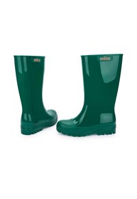 Stivali da pioggia verde in gomma con gambale alto, punta arrotondata, suola texturizzata e un logo metallico sul davanti per un tocco di stile.