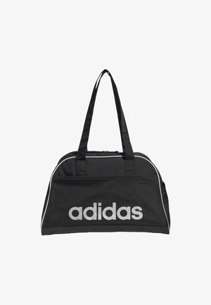 Borsa da palestra nera con due manici corti, caratterizzata da un grande logo argento "adidas" e una bordatura bianca lungo la parte superiore, realizzata in tessuto resistente.