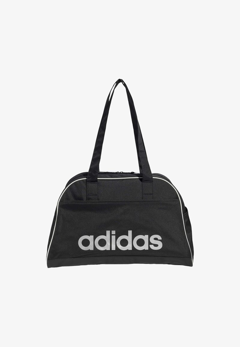 Black duffel bag with two short straps, featuring a large silver "adidas" logo and white piping along the top, made of durable fabric.