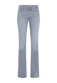 Lichtblauwe spijkerbroek met rechte pijpen, een mid-rise taille, vijf zakken en subtiele vervagingsdetails op de benen.