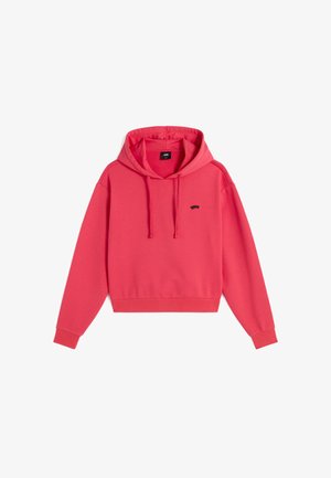 Koralfarvet cropped hoodie lavet af blødt stof med hætte og snoretræk samt et lille sort logo på brystet. Lange ærmer med manchetter.