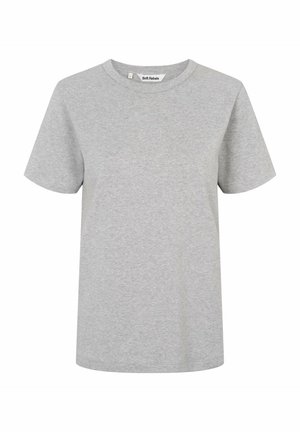 Pelēka kokvilnas T-krekls, īsās piedurknes, apļu kakla izgriezums, mīksta tekstūra, regulāra piegriezuma, vienkāršs dizains bez rakstiem vai izcēlumiem.