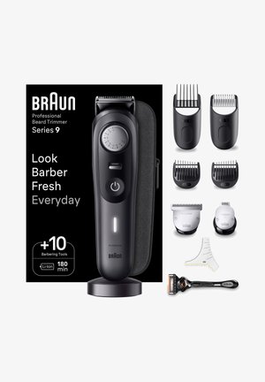 Braun Series 9 beard trimmer with a black matte finish, dial, LED indicator, and storage case. Includes multiple comb attachments and razor.