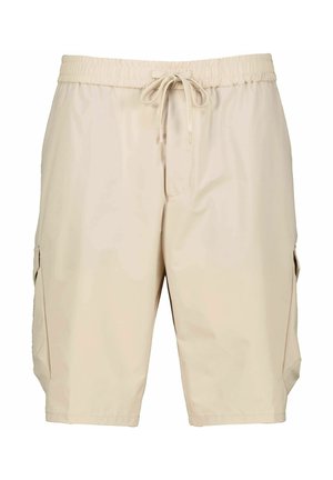 Shorts cargo beiges avec une taille élastique et un cordon de serrage. Comprend deux poches latérales et un tissu léger et lisse.