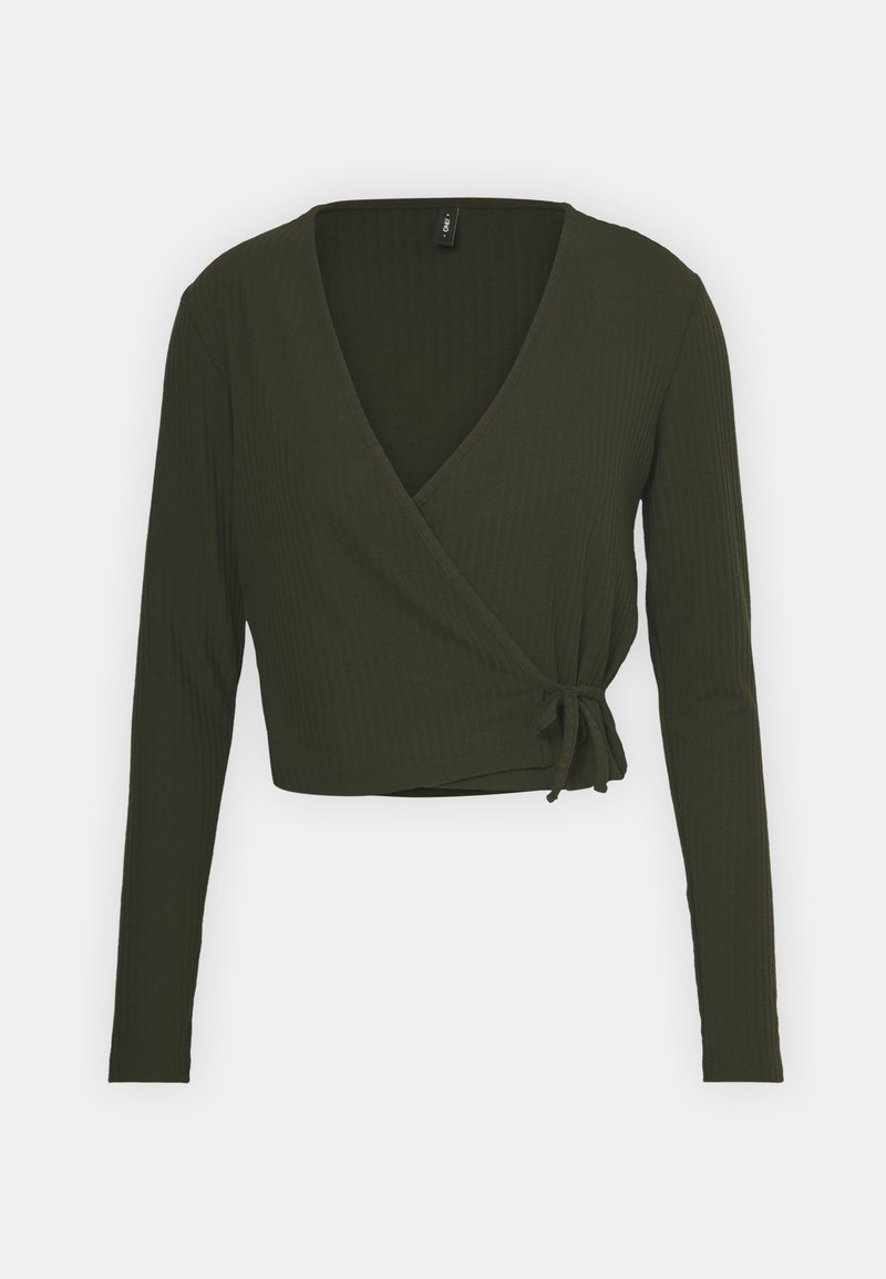 Olivgrüne Wickelbluse mit langen Ärmeln, gerippter Textur, V-Ausschnitt und einer gebundenen Akzentuierung in der Taille.