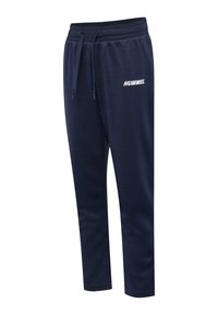 Dark blue tapered sweatpants with elastic waistband, drawstring, and white "HUMMEL" logo on upper left thigh.
