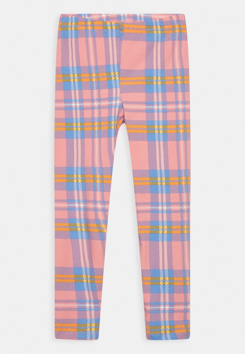 Leggings em xadrez cor-de-rosa com detalhes azuis e amarelos, feitos de um tecido elástico com uma textura suave e design até ao tornozelo.
