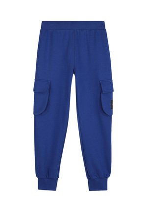 Pantalon cargo jogger bleu avec taille et poignets élastiques, doté de deux poches à rabat sur les côtés.