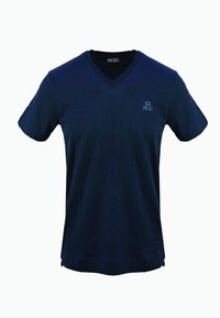 T-shirt a maniche corte V-neck di colore blu navy del marchio Diesel con piccolo logo sul lato sinistro del petto e tessuto texturizzato.