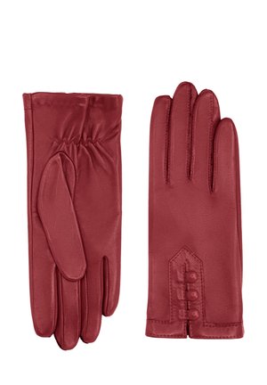 Gants en cuir rouge au toucher lisse, présentant des détails froncés au niveau du poignet et un accent à trois boutons sur une manche.