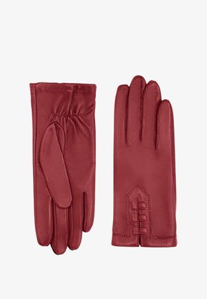 Gants en cuir rouge au toucher lisse, présentant des détails froncés au niveau du poignet et un accent à trois boutons sur une manche.