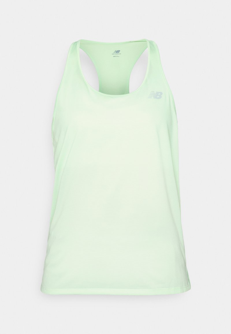 Débardeur de sport vert menthe avec un col rond, design dos nageur, tissu évacuant l'humidité et logo discret en haut à gauche.