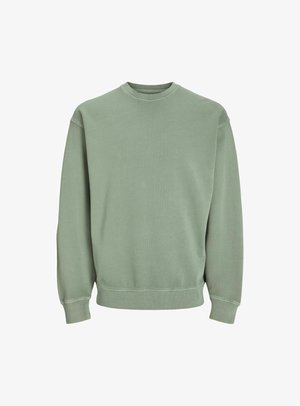 Zielony bawełniany sweter z okrągłym dekoltem, długimi rękawami, ściągaczami na rękawach i u dołu, charakteryzujący się miękką fakturą i minimalistycznym designem.