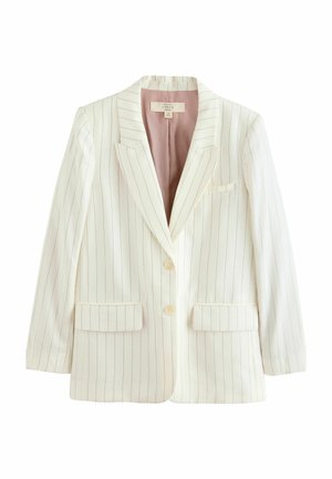 Linen blazer in cream with narrow vertical stripes. Features a notched lapel, two front pockets, and light-colored buttons. Pink interior lining.