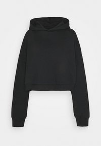 Sweat à capuche court noir avec manches longues et capuche, présenté sur un fond clair uni.
