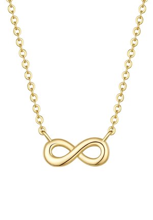 Collar de cadena dorada con un colgante de símbolo de infinito liso y pulido, centrado sobre un fondo blanco.