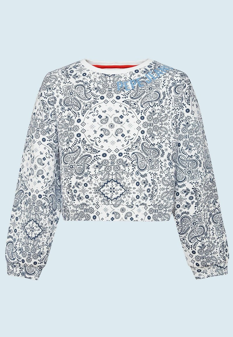 Sweatshirt court blanc avec un motif paisley et floral bleu marine. Manches longues avec un col côtelé et un petit détail accent bleu subtil.