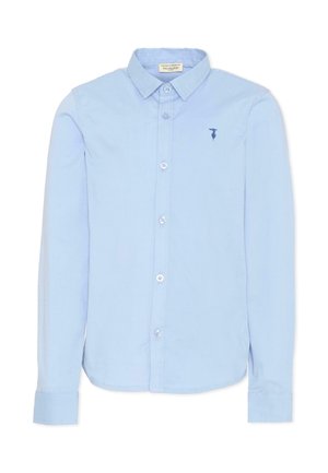 Chemise bleu clair à manches longues, avec boutons et col, petit logo bleu foncé sur le côté gauche de la poitrine, présentée sur fond blanc.