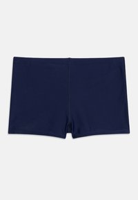 Μαγιό σε σκούρο μπλε χρώμα με τετράγωνη γραμμή και ραφή στο κέντρο, απλωμένο επίπεδα σε λευκό φόντο.