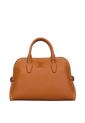 Borsa a mano in pelle marrone con doppi manici, cuciture bianche lungo i bordi e logo "ER" in tonalità oro al centro frontale.
