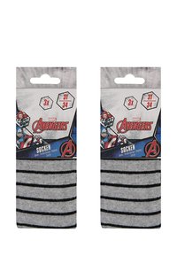 Confezione di tre paia di calze a righe con tessuto grigio e righe nere, presentate su un cartellino etichettato "Avengers", taglia 31-34.