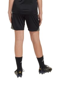 Pantalones cortos deportivos negros con acentos grises, combinados con calcetas y botas de fútbol negras. Los pantalones cortos son livianos y cuentan con una cinturilla para mayor comodidad.