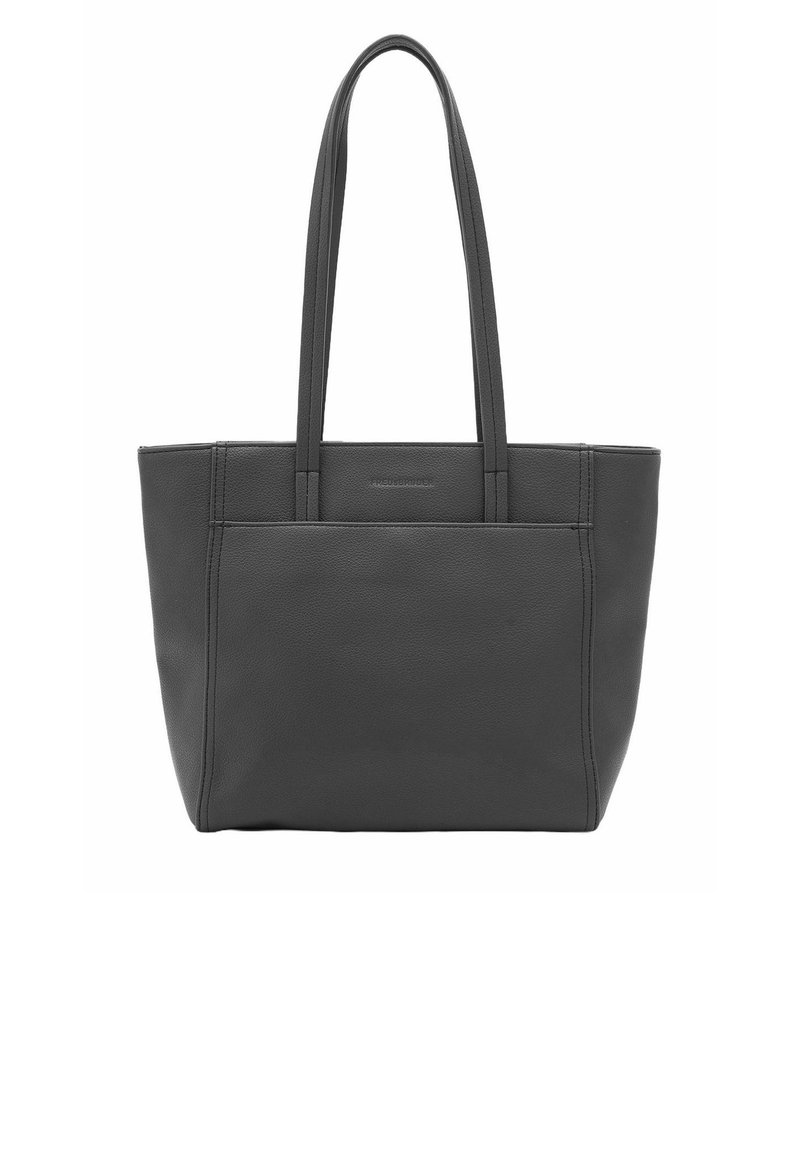 Sac fourre-tout en cuir gris avec deux poignées, texture lisse, forme rectangulaire et détails de couture subtils. Pas de matériel ou de motifs visibles.