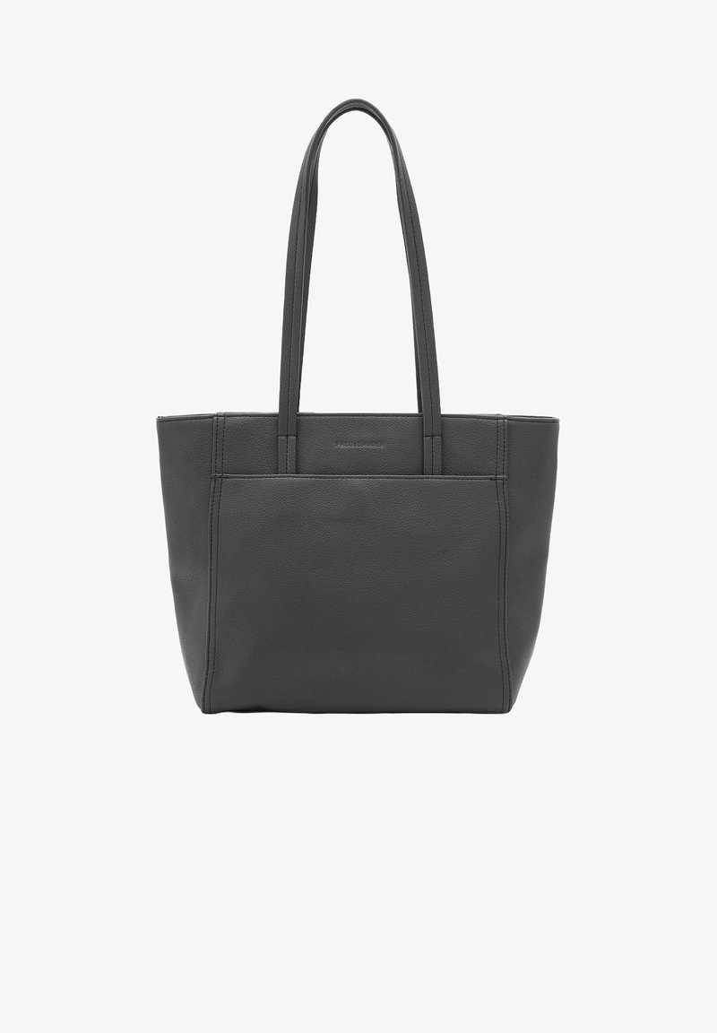 Sac fourre-tout en cuir gris avec deux poignées, texture lisse, forme rectangulaire et détails de couture subtils. Pas de matériel ou de motifs visibles.