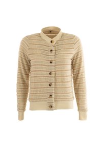Cárdigan beige a rayas con cuello redondo, botones en la parte frontal y puños de canalé. Tejido texturizado con una apariencia suave y peluda.