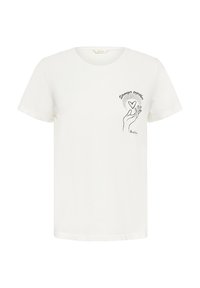T-shirt en coton blanc à manches courtes, avec un dessin en ligne noir d'une main tenant un cœur, avec le texte "Plus forts ensemble" au-dessus du design.