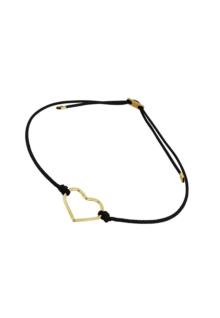 Czarna bransoletka sznurkowa z metalowym akcentem w kształcie złotego serca, zabezpieczona węzłami i zakończona złotym terminalem.