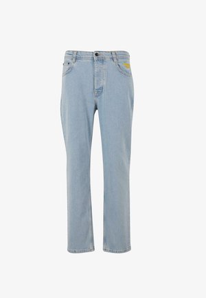 Jeans din denim albastru deschis cu un design cu picioare drepte, care prezintă un închidere frontală cu buton, cinci buzunare și un branding subtil pe talie.