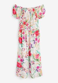 Bloemige off-shoulder jumpsuit met een gerimpelde buste, versierd met felle roze, paarse en groene bloemen op een witte achtergrond. Zachte stof.