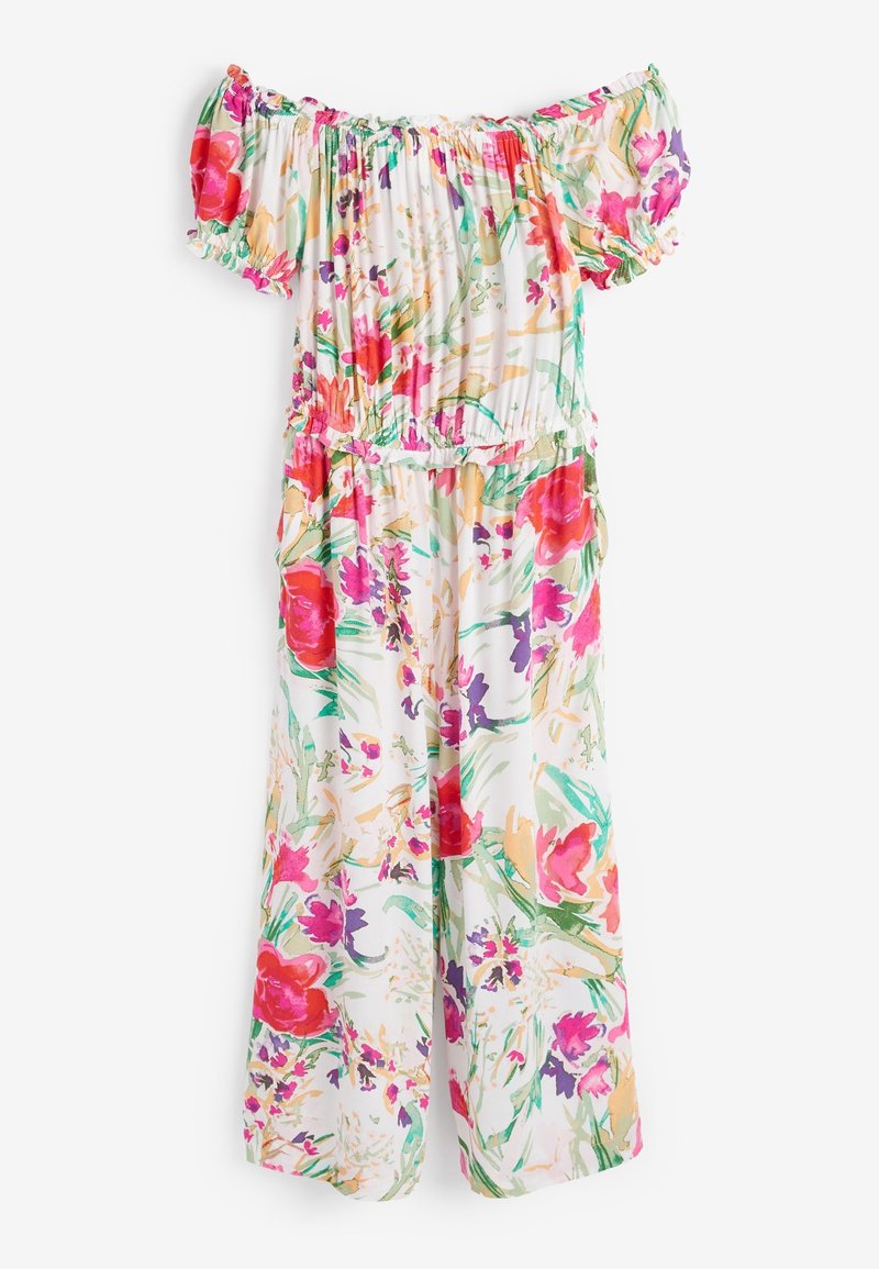 Bloemige off-shoulder jumpsuit met een gerimpelde buste, versierd met felle roze, paarse en groene bloemen op een witte achtergrond. Zachte stof.