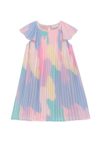 Faltendes Kleid mit kurzen, schwingenden Ärmeln in Pastellfarben, das eine Mischung aus rosa, blau, gelb und grünen Mustern zeigt. Weiches, leichtes Material.
