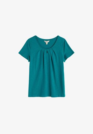 Top turcoaz cu mâneci scurte pentru femei, cu decolteu rotund și un mic detaliu decupat sub guler.