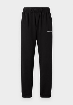 Zwarte joggers van katoen, met een elastische tailleband, twee zijzakken en een klein wit logo op de bovenkant van het linkerpunt.