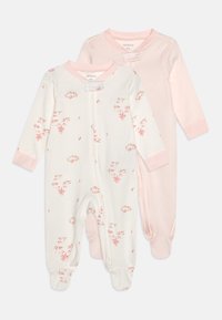 Dos bodies de bebé en rosa pálido y blanco. El body blanco presenta un patrón floral, mientras que el rosa tiene rayas verticales. Ambos cuentan con cierres a presión.