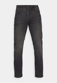 Calças de ganga cinza-escuro com um design de perna reta, cinco bolsos e detalhes de costura discretos. O tecido possui um acabamento liso e ligeiramente texturizado.