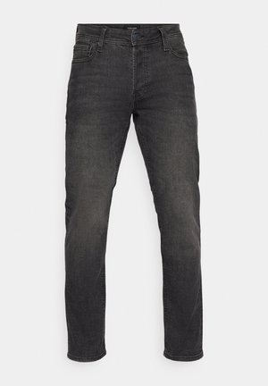 Dark gray denim jeans with a straight leg design, five pockets, and subtle stitching details. Fabric has a smooth, slightly textured finish.